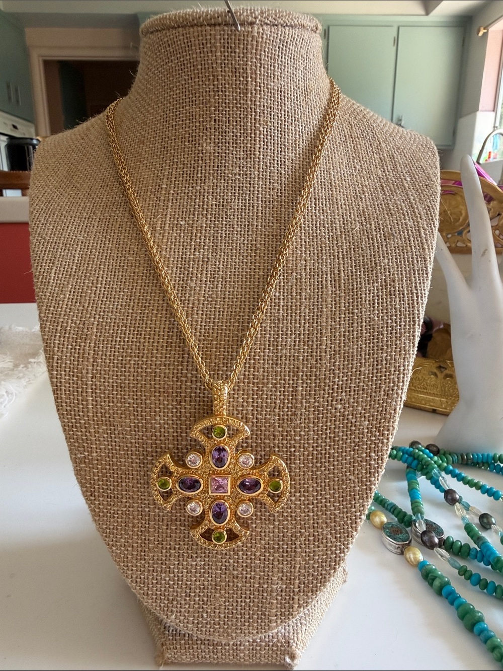 QVC - PJM Gold-Tone Maltese Multi-Gem Cross Pendant Necklace - Purple & Green